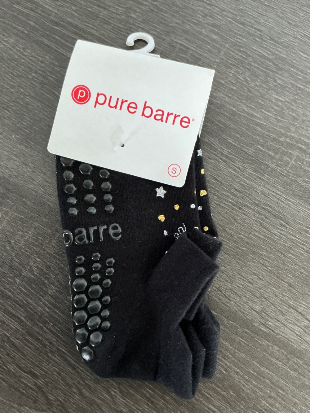 Pure Barre Size S Black Grip Socks with Star & Dot Accents